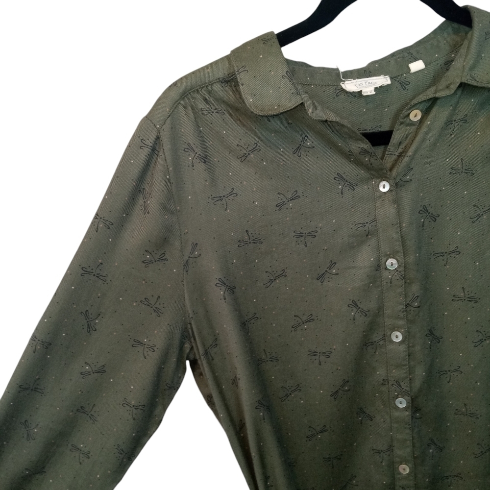 Fat Face Boho Button Down Shirt Dress Dragonfly Print Olive Green Size 8 - Picture 4 of 13